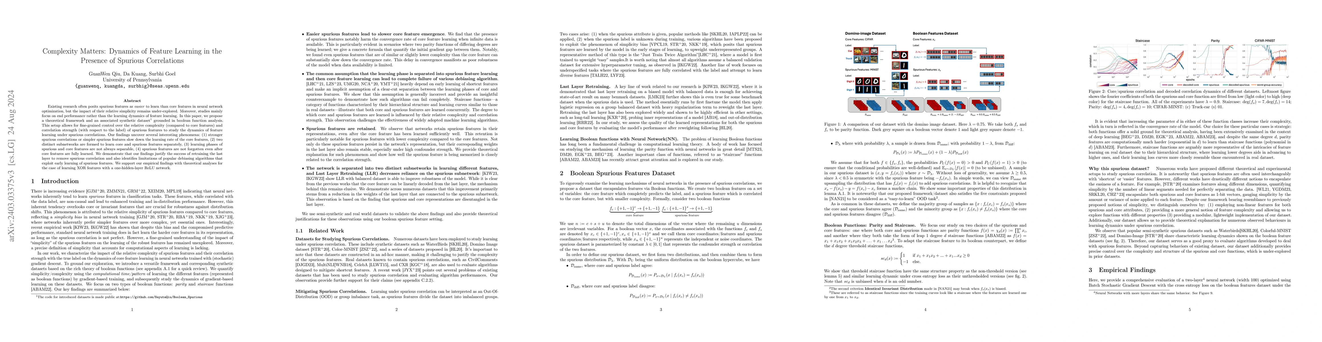 Thumbnail for Complexity Matters: Dynamics of Feature Learning in the Presence of
  Spurious Correlations