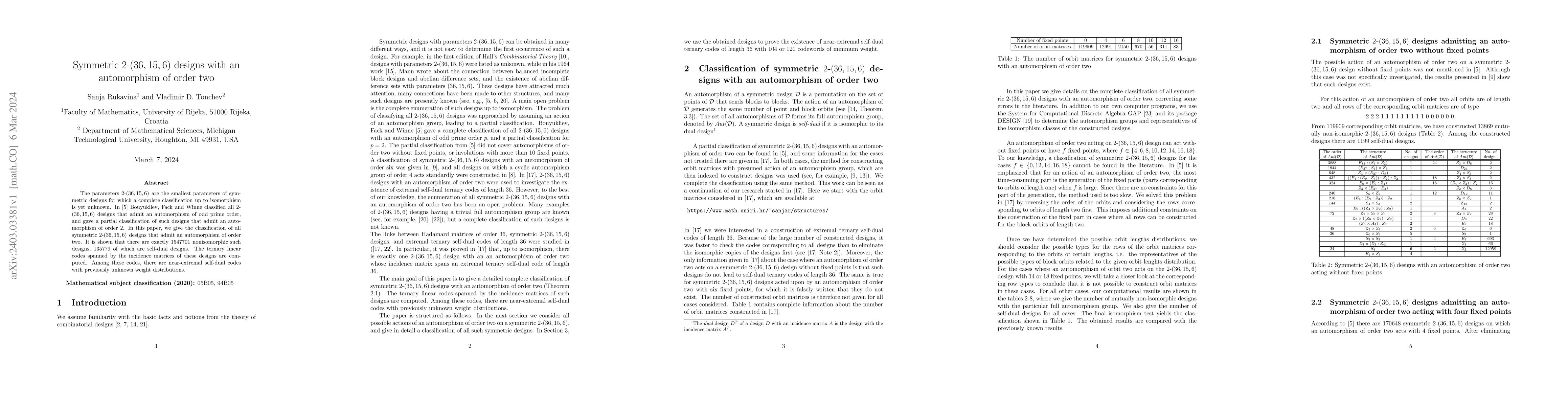 Thumbnail for Symmetric 2$-$(36,15,6) designs with an automorphism of order two