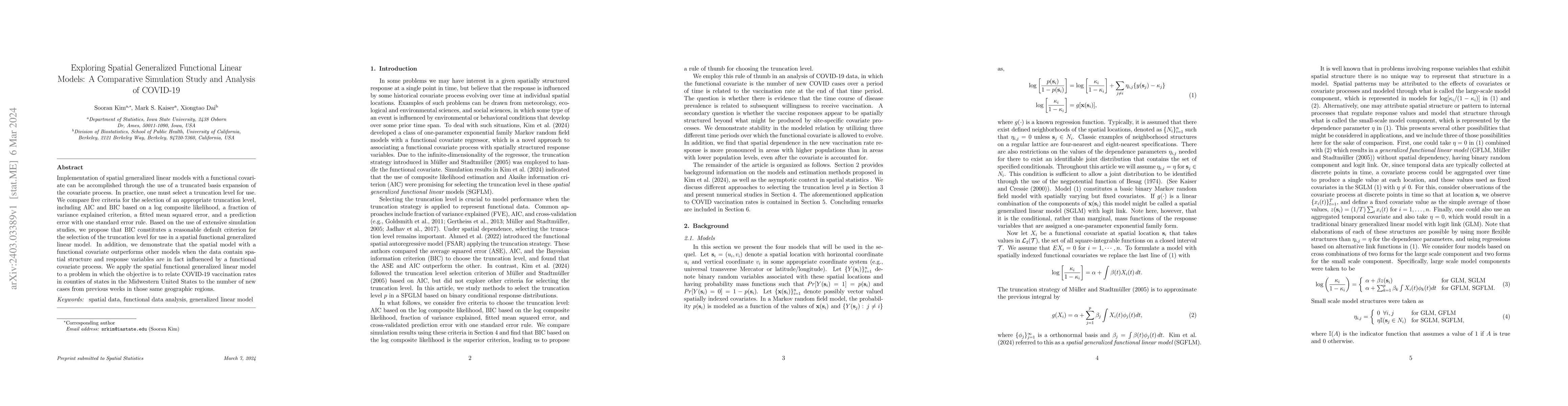 Thumbnail for Exploring Spatial Generalized Functional Linear Models: A Comparative
  Simulation Study and Analysis of COVID-19