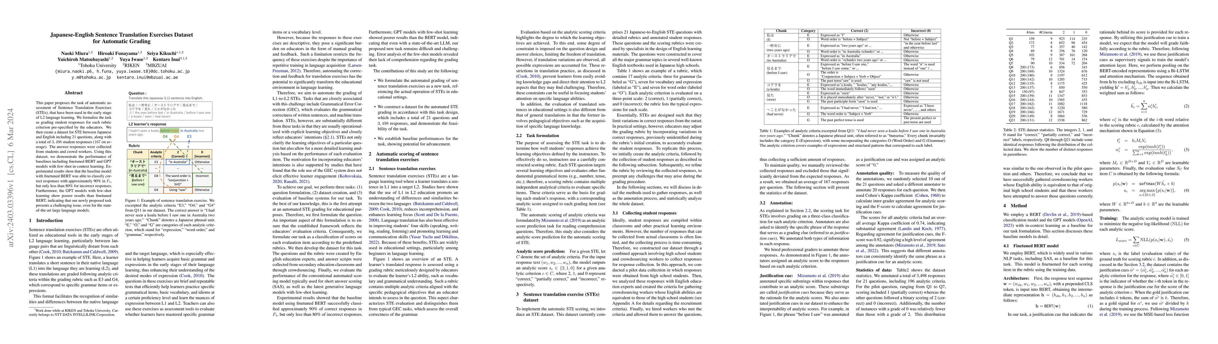 Thumbnail for Japanese-English Sentence Translation Exercises Dataset for Automatic
  Grading