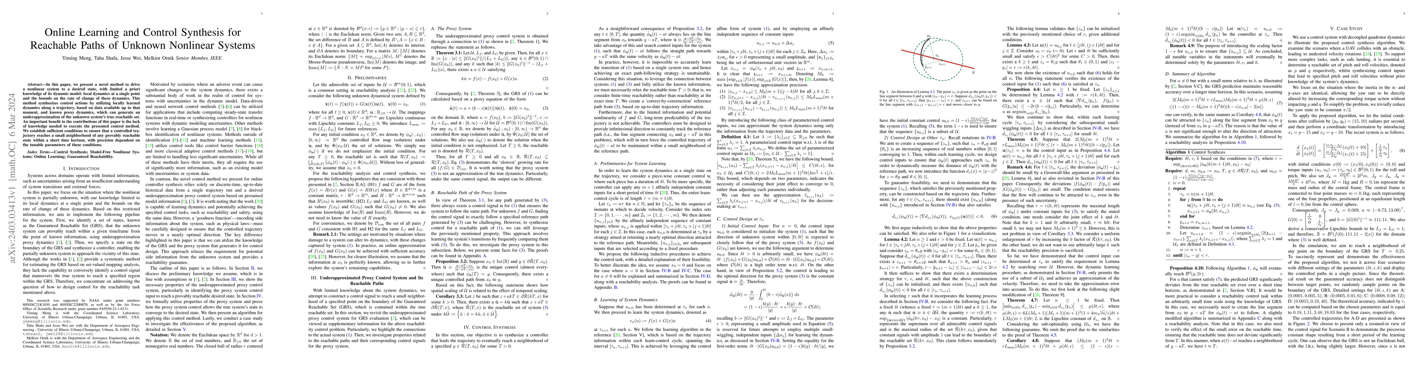 Thumbnail for Online Learning and Control Synthesis for Reachable Paths of Unknown
  Nonlinear Systems