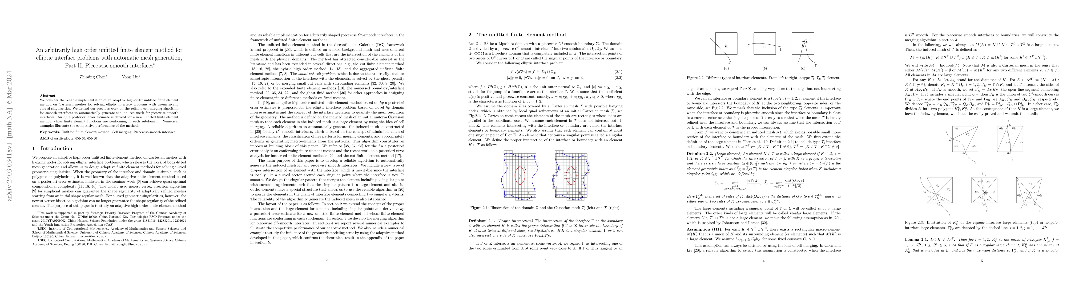 Thumbnail for An arbitrarily high order unfitted finite element method for elliptic
  interface problems with automatic mesh generation, Part II. Piecewise-smooth
  interfaces