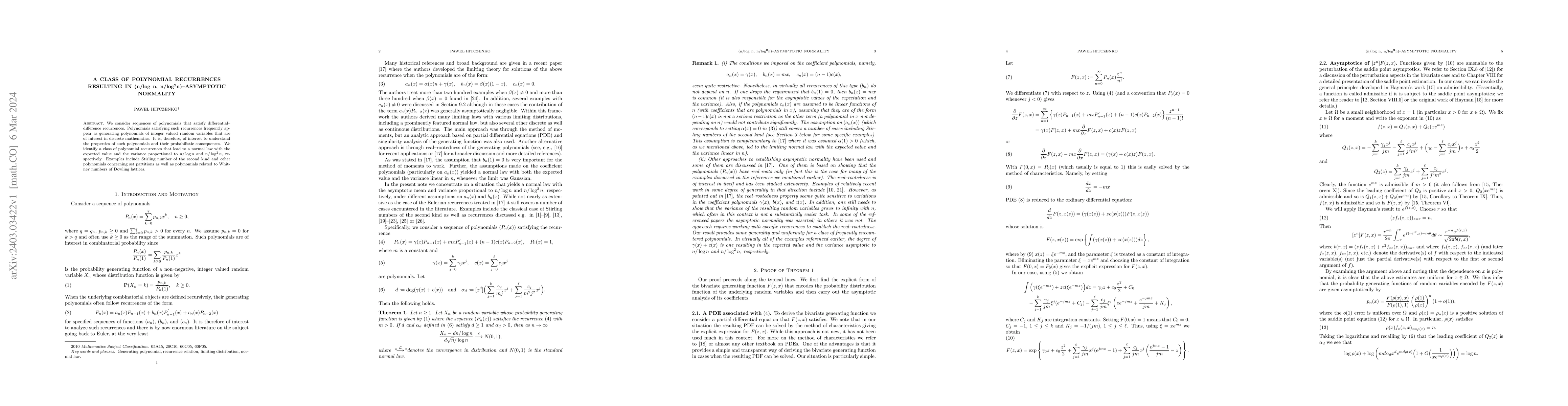 Thumbnail for A class of polynomial recurrences resulting in $(n/\log n,
  n/\log^2n)$-asymptotic normality