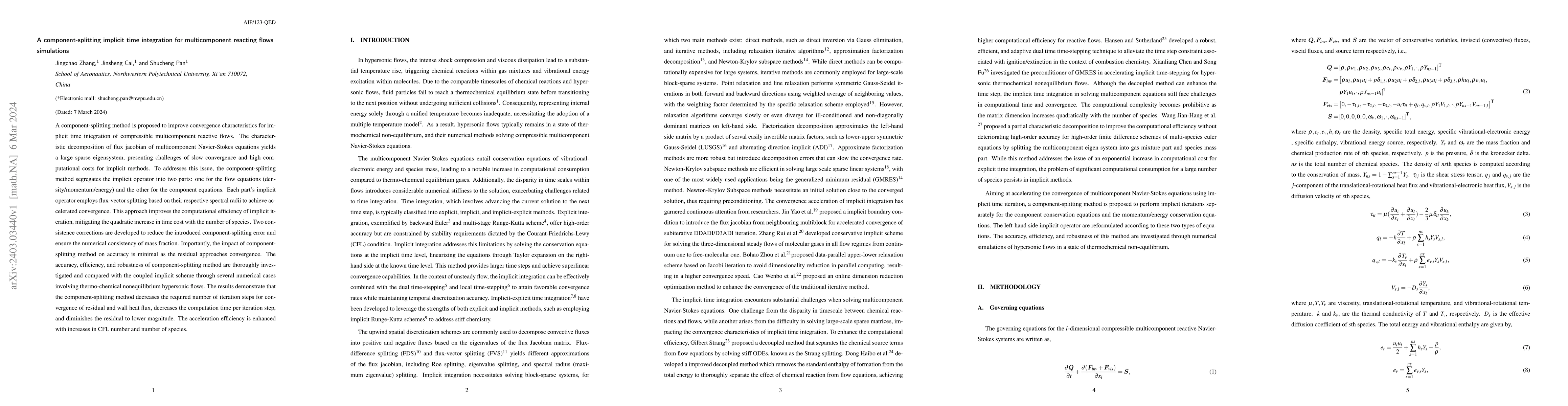Thumbnail for A component-splitting implicit time integration for multicomponent
  reacting flows simulations