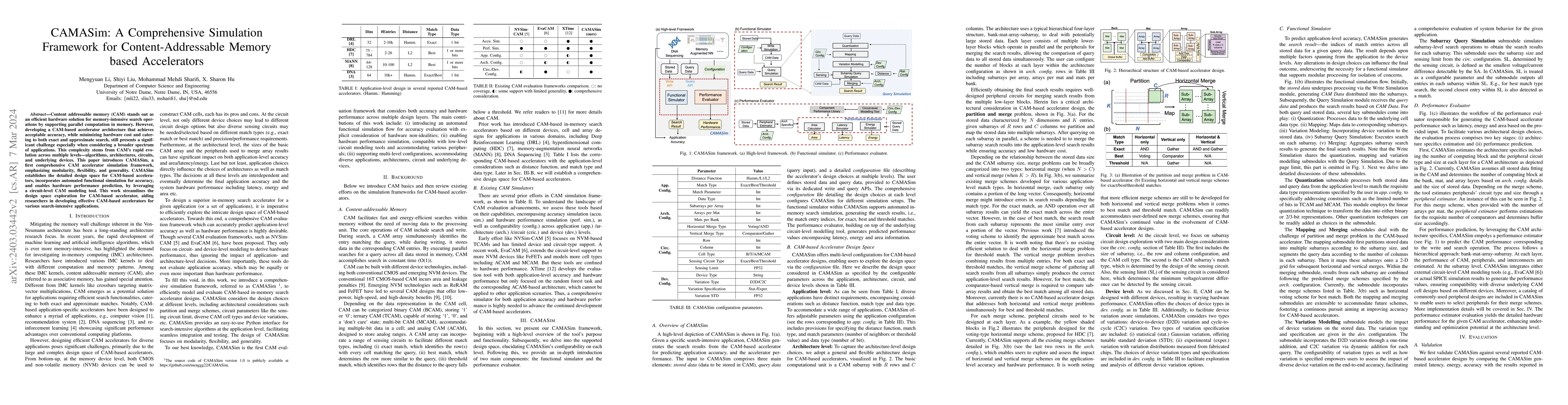 Thumbnail for CAMASim: A Comprehensive Simulation Framework for Content-Addressable
  Memory based Accelerators