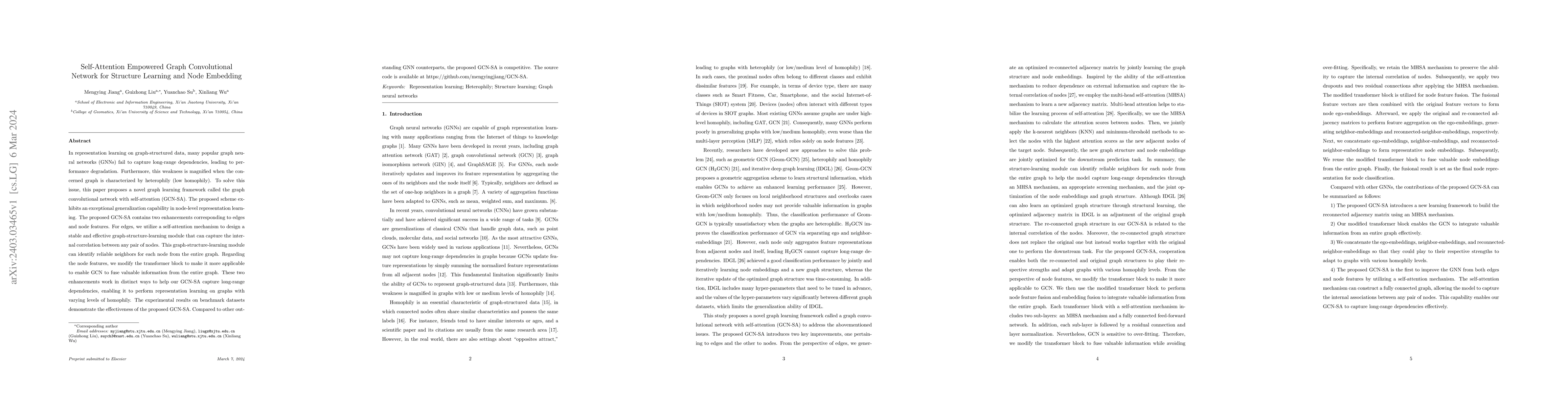 Thumbnail for Self-Attention Empowered Graph Convolutional Network for Structure
  Learning and Node Embedding
