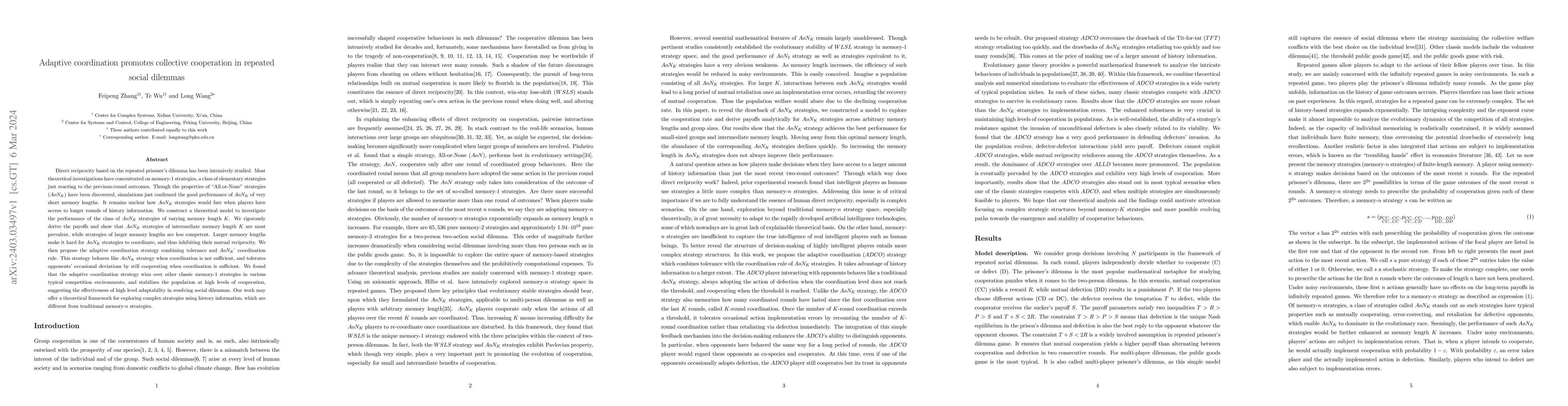 Thumbnail for Adaptive coordination promotes collective cooperation in repeated social
  dilemmas