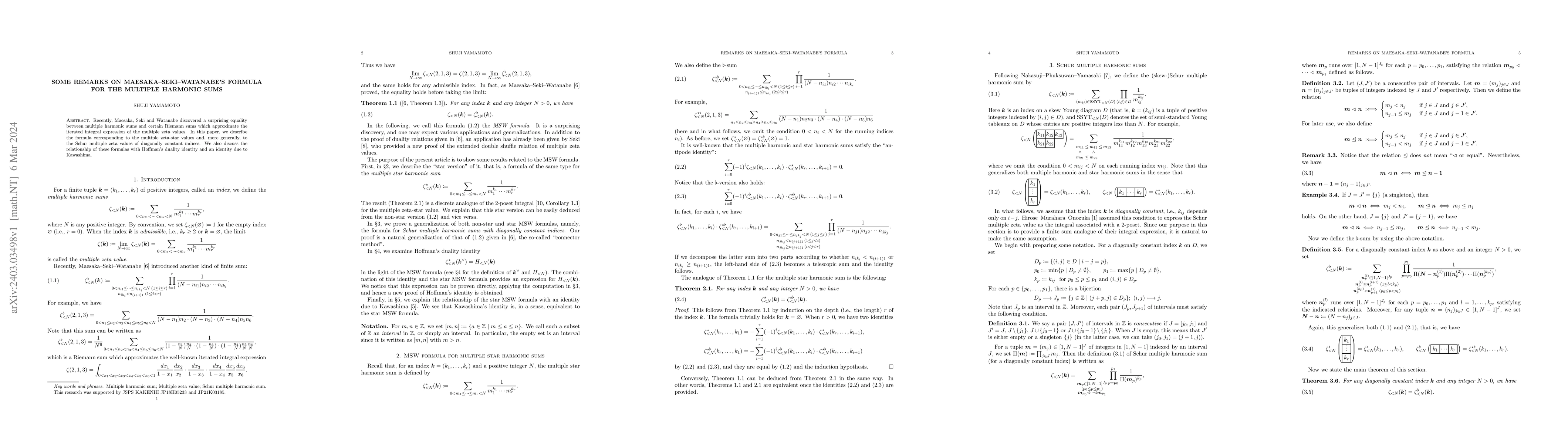 Thumbnail for Some Remarks on Maesaka-Seki-Watanabe's Formula for the Multiple
  Harmonic Sums