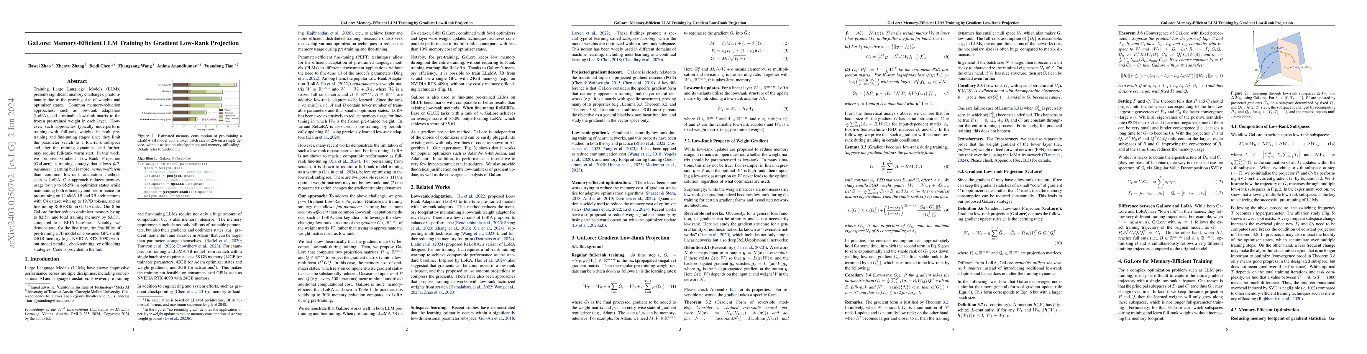 Thumbnail for GaLore: Memory-Efficient LLM Training by Gradient Low-Rank Projection