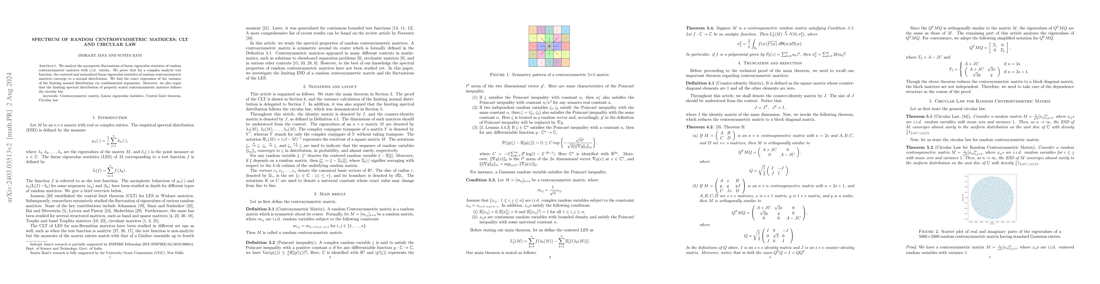 Thumbnail for Spectrum of random centrosymmetric matrices; CLT and Circular law