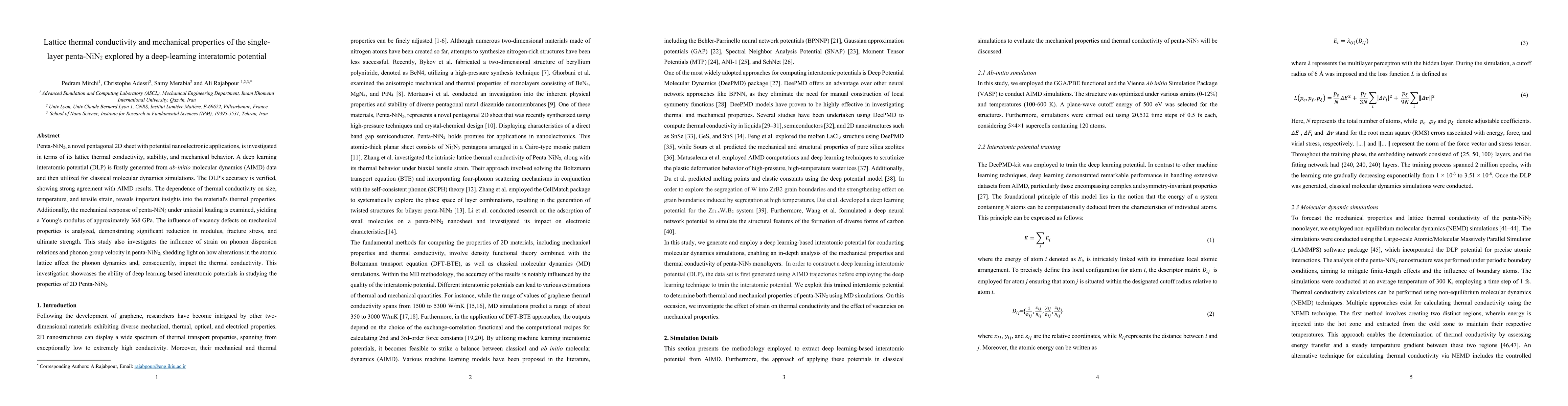 Thumbnail for Lattice thermal conductivity and mechanical properties of the
  single-layer penta-NiN2 explored by a deep-learning interatomic potential