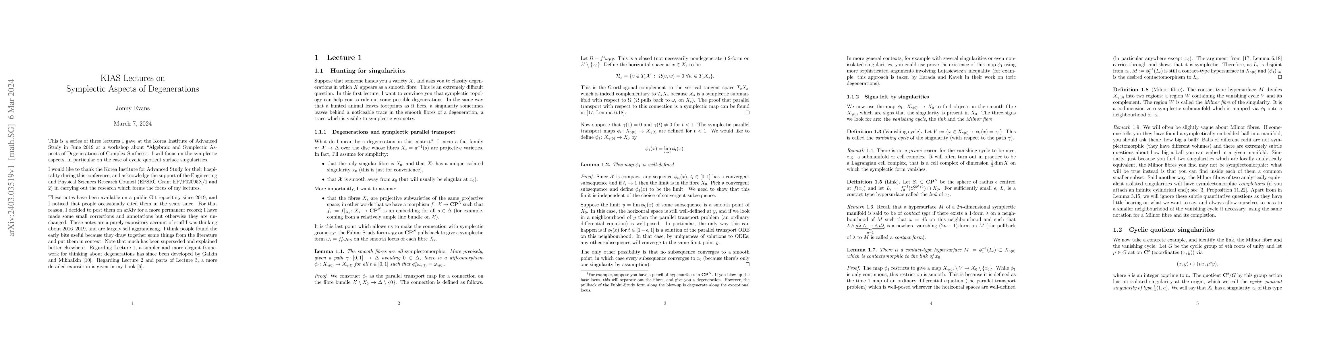 Thumbnail for KIAS Lectures on Symplectic Aspects of Degenerations