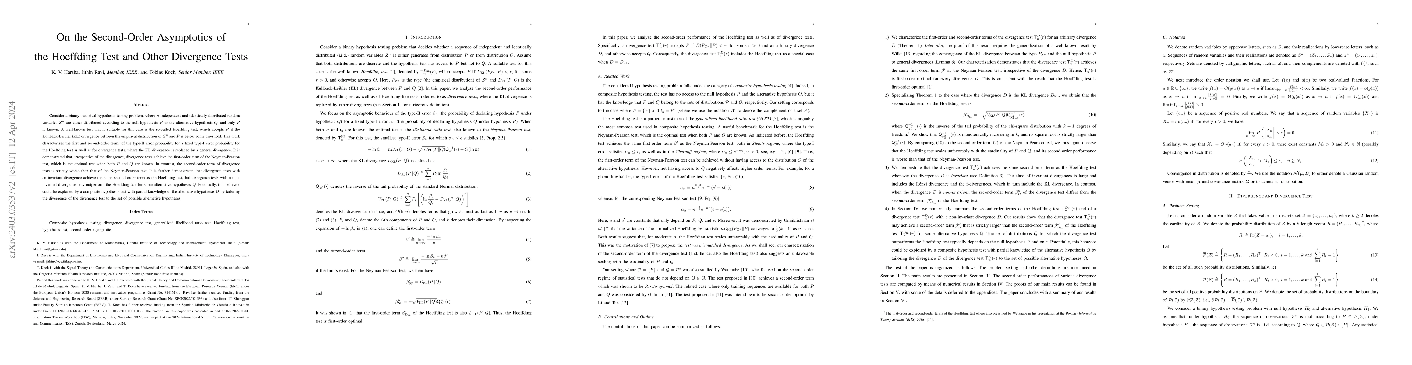 Thumbnail for On the Second-Order Asymptotics of the Hoeffding Test and Other
  Divergence Tests