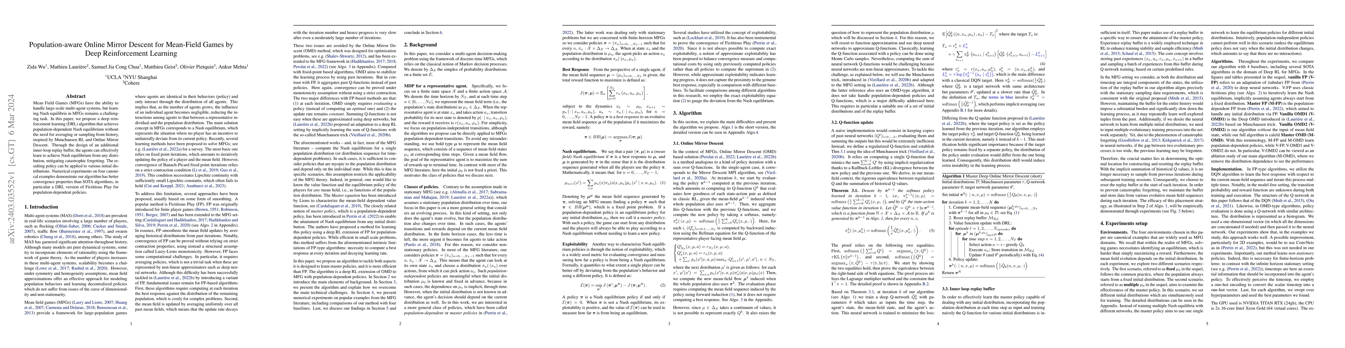 Thumbnail for Population-aware Online Mirror Descent for Mean-Field Games by Deep
  Reinforcement Learning