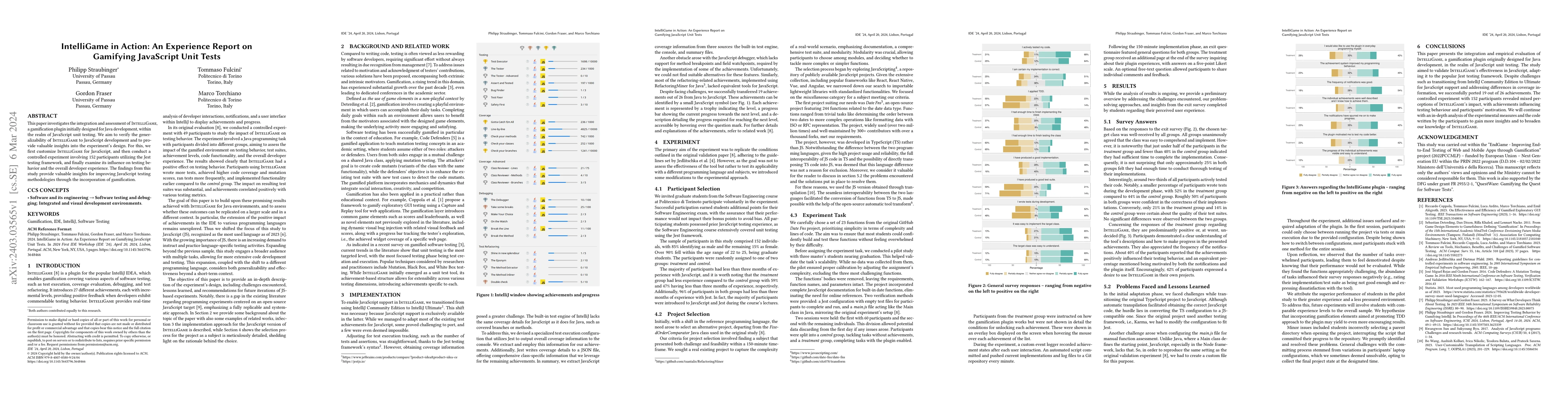 Thumbnail for IntelliGame in Action: An Experience Report on Gamifying JavaScript Unit
  Tests