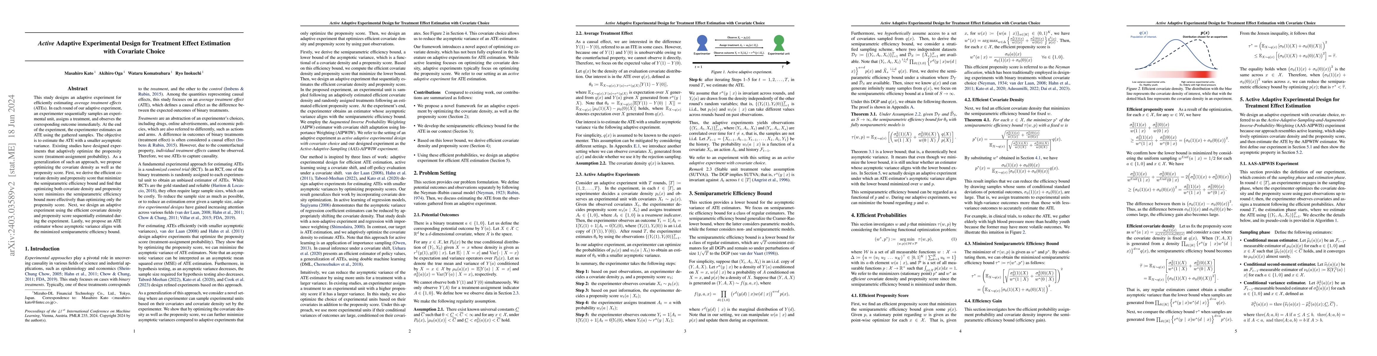 Thumbnail for Active Adaptive Experimental Design for Treatment Effect Estimation with
  Covariate Choices