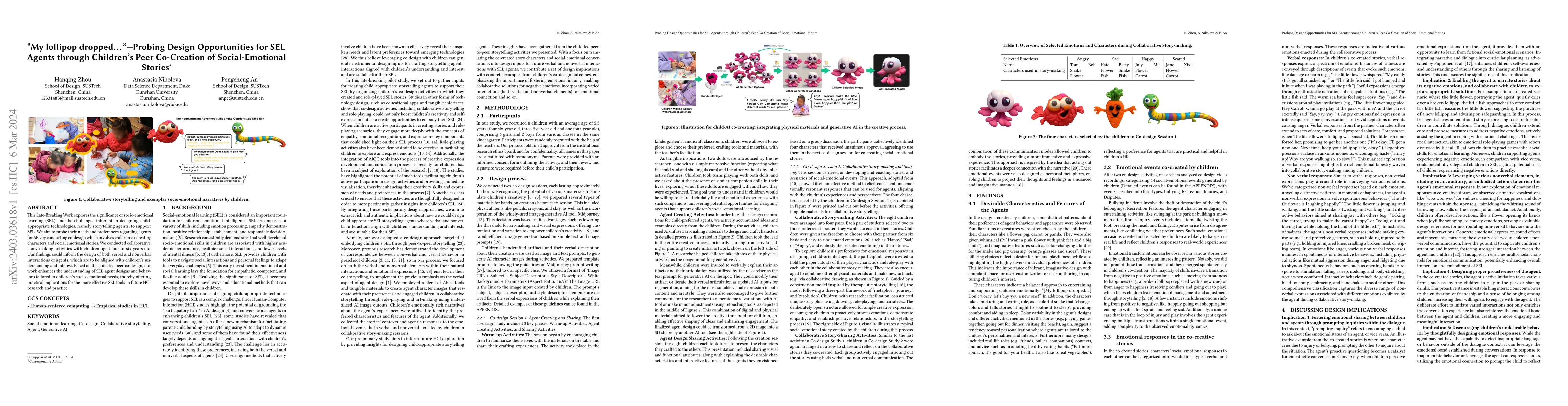 Thumbnail for "My lollipop dropped..."-Probing Design Opportunities for SEL Agents
  through Children's Peer Co-Creation of Social-Emotional Stories