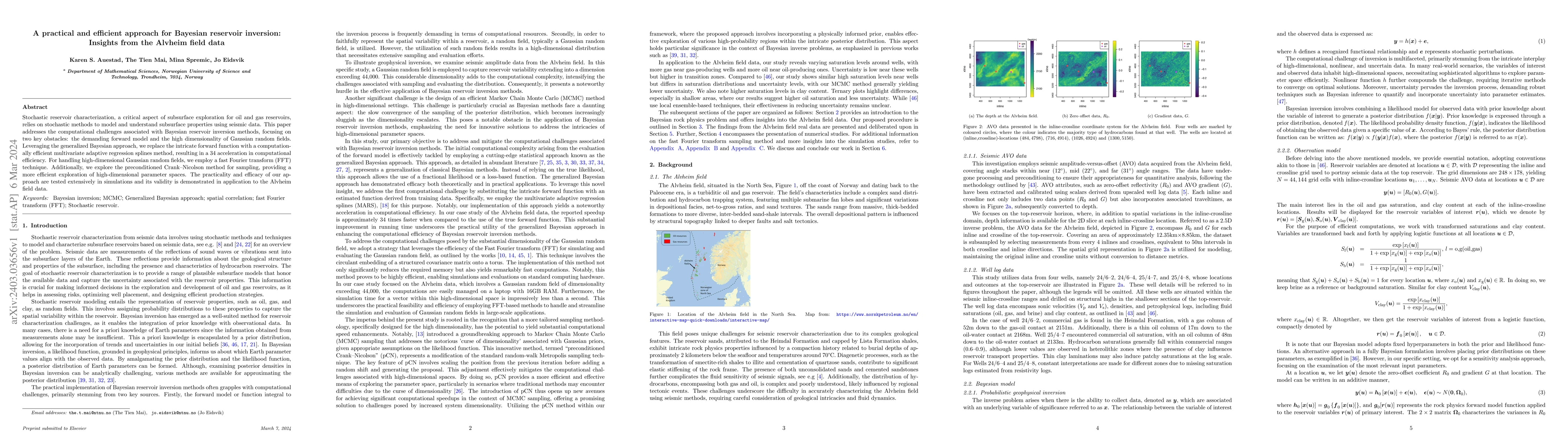 Thumbnail for A practical and efficient approach for Bayesian reservoir inversion:
  Insights from the Alvheim field data