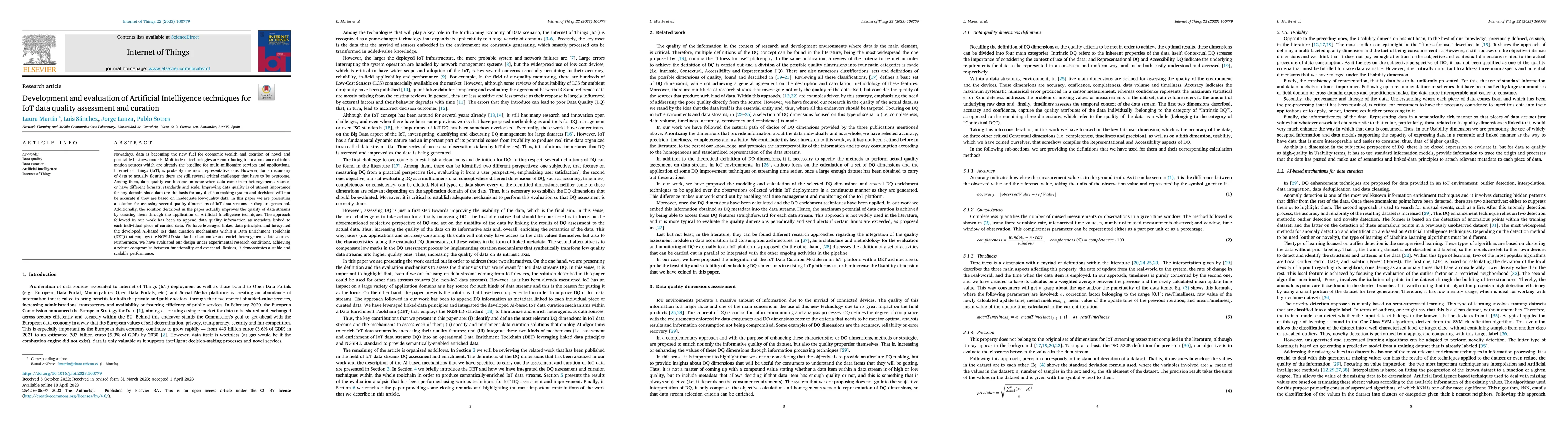 Thumbnail for Development and evaluation of Artificial Intelligence techniques for IoT
  data quality assessment and curation