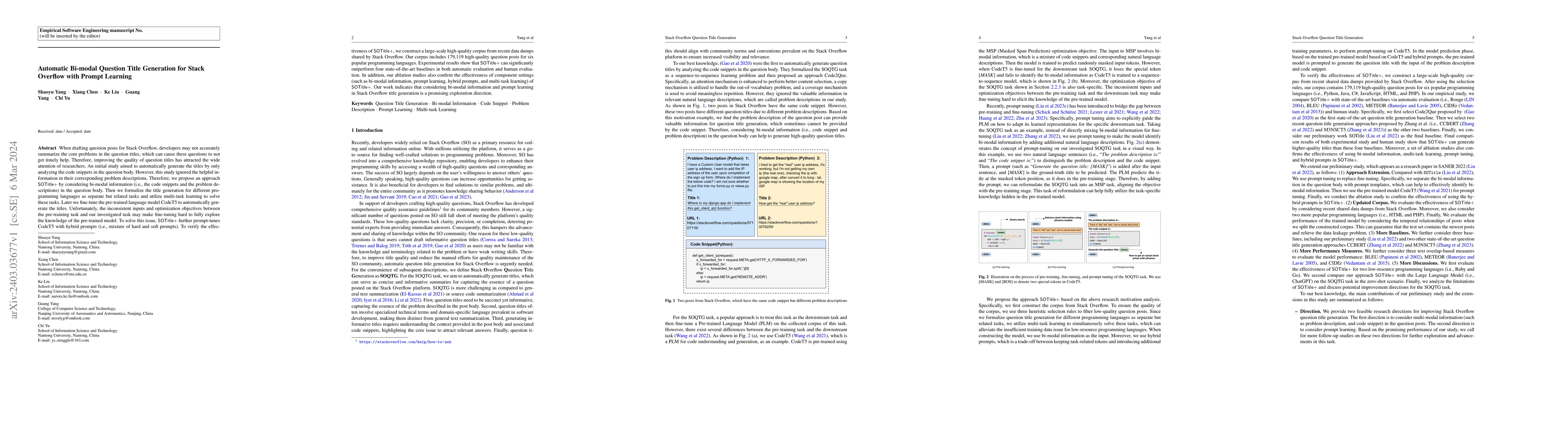 Thumbnail for Automatic Bi-modal Question Title Generation for Stack Overflow with
  Prompt Learning
