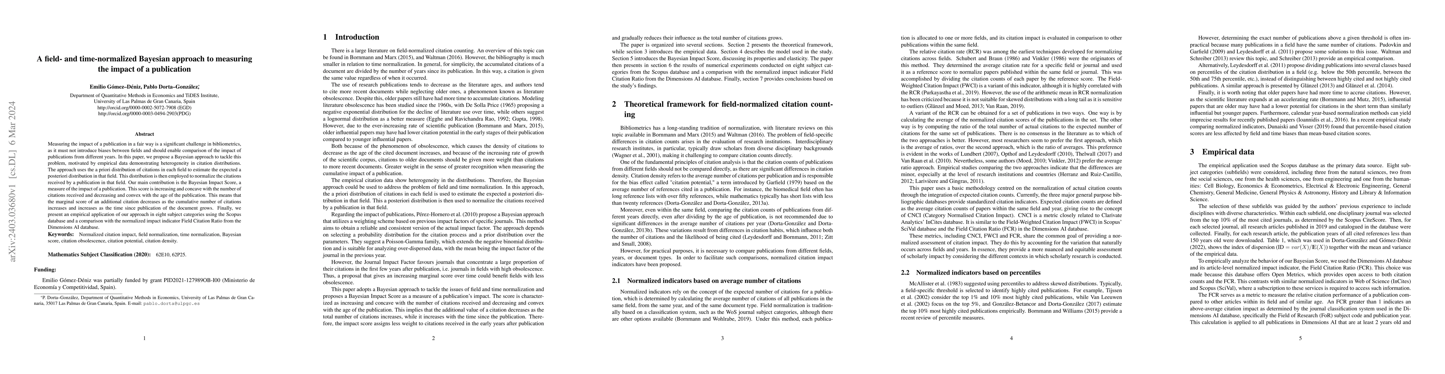 Thumbnail for A field- and time-normalized Bayesian approach to measuring the impact
  of a publication