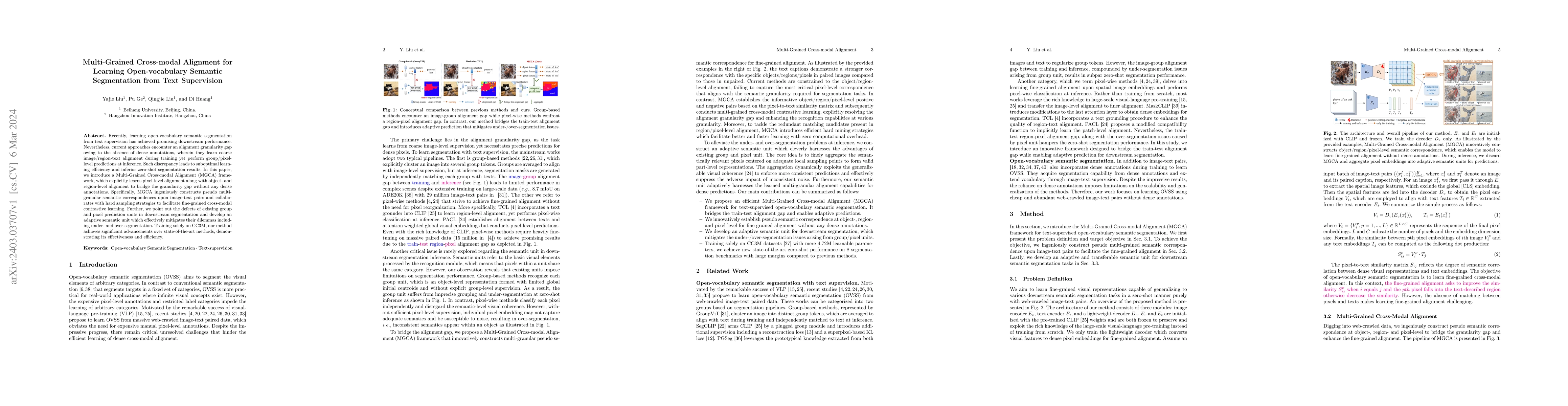Thumbnail for Multi-Grained Cross-modal Alignment for Learning Open-vocabulary
  Semantic Segmentation from Text Supervision