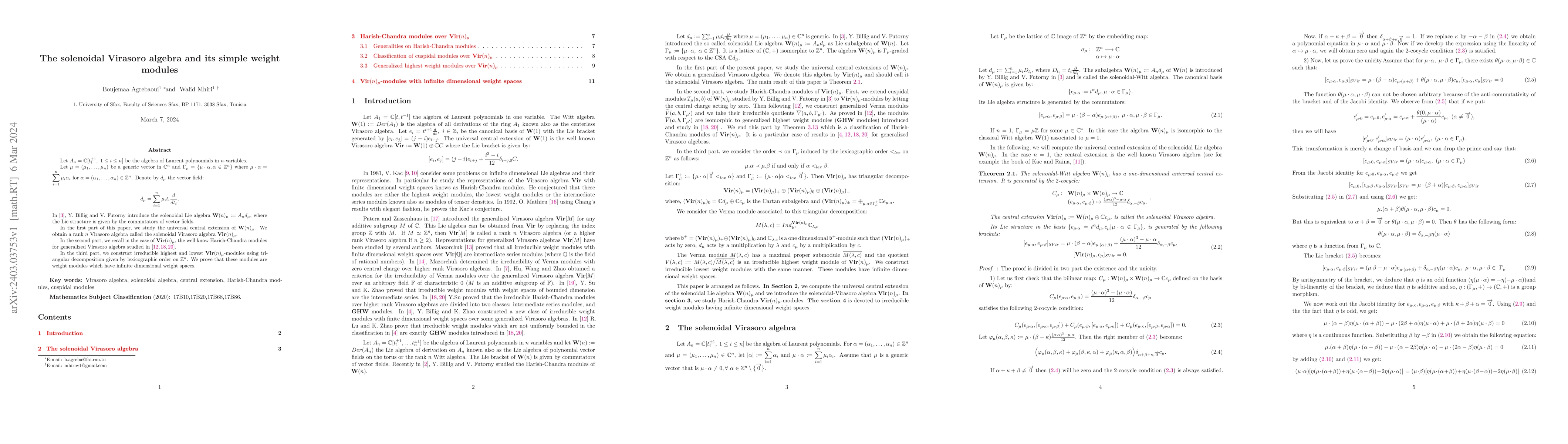 Thumbnail for The solenoidal Virasoro algebra and its simple weight modules