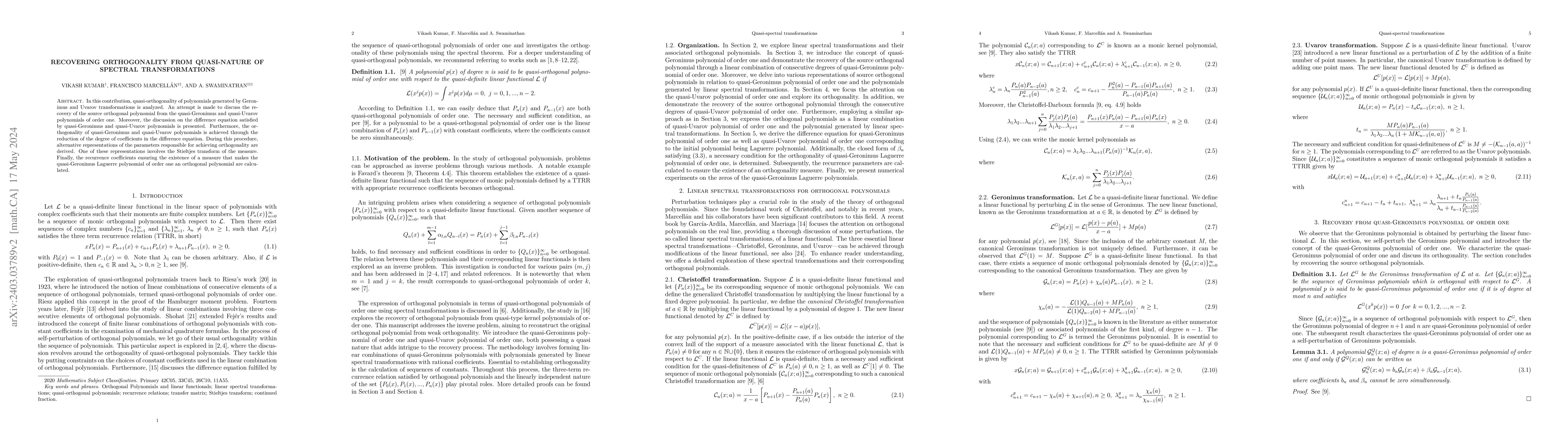 Thumbnail for Recovering orthogonality from quasi-nature of Spectral transformations