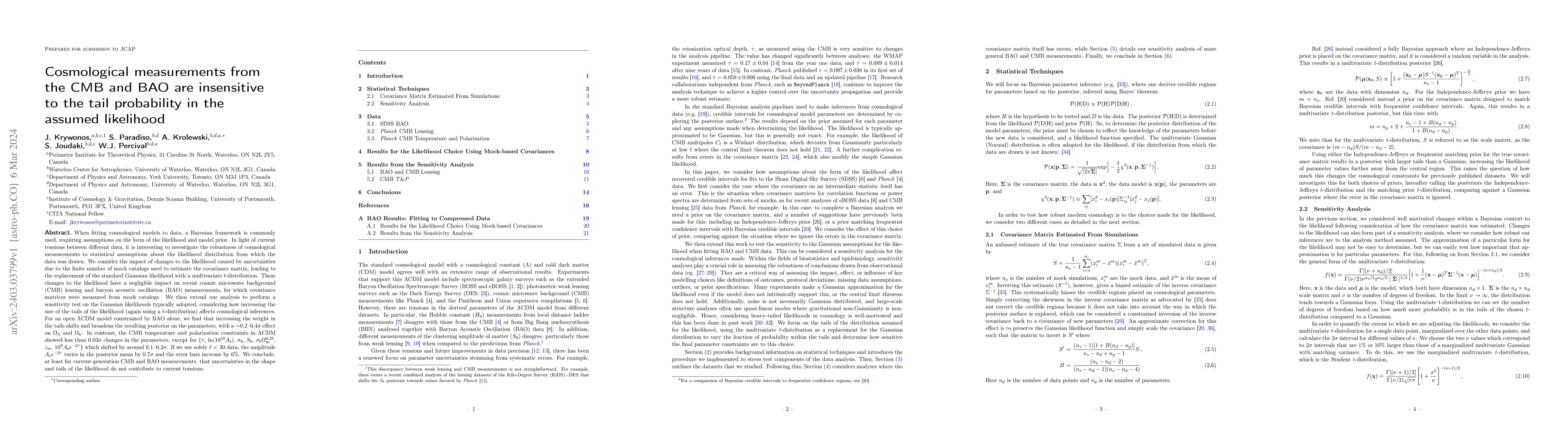 Thumbnail for Cosmological measurements from the CMB and BAO are insensitive to the
  tail probability in the assumed likelihood