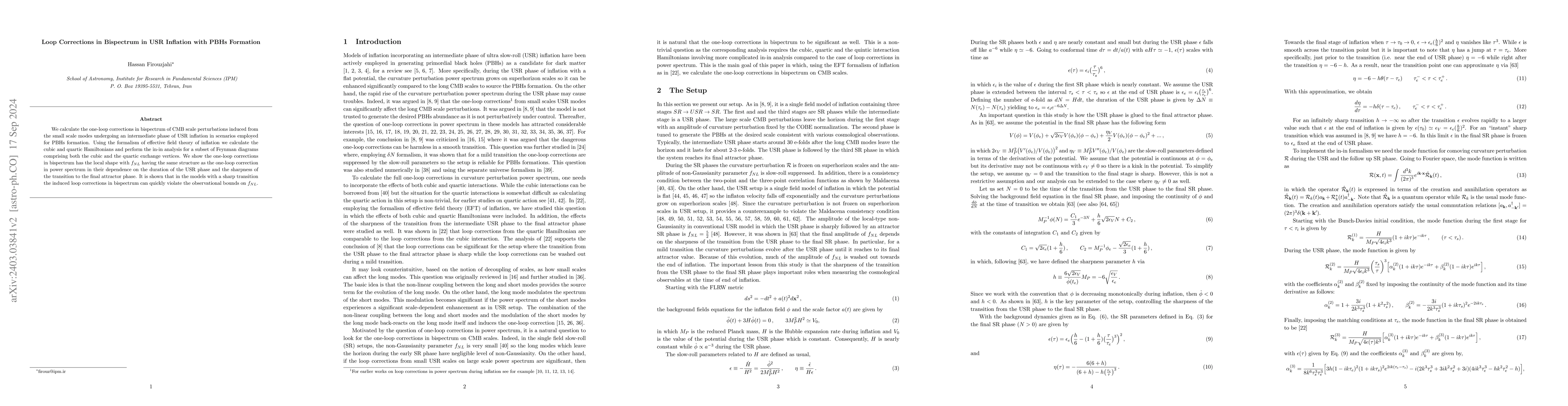 Thumbnail for Loop Corrections in Bispectrum in USR Inflation with PBHs Formation