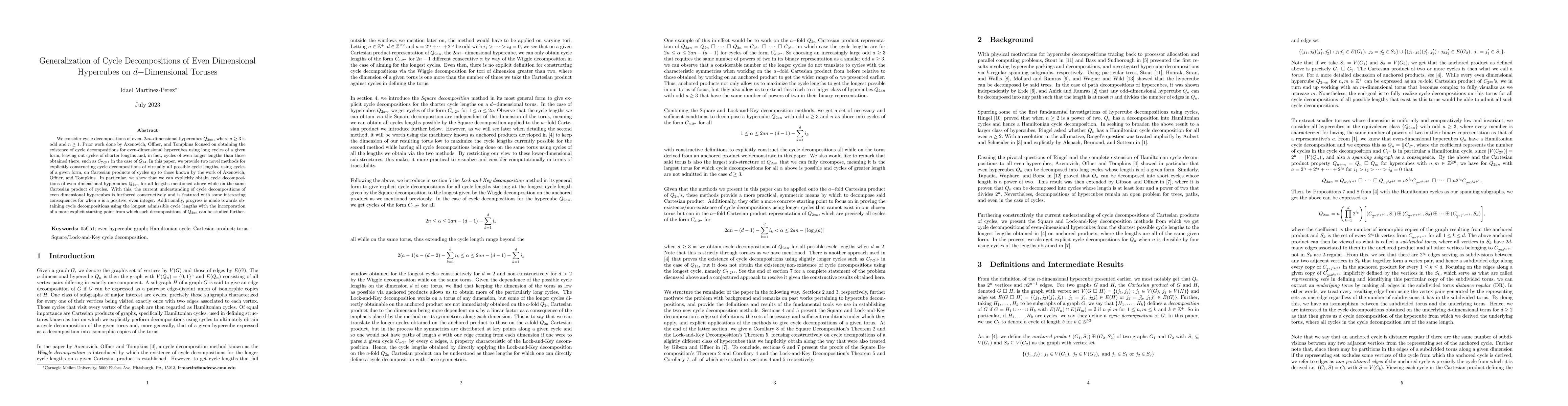 Thumbnail for Generalization of Cycle Decompositions of Even Dimensional Hypercubes on
  $d$-Dimensional Toruses
