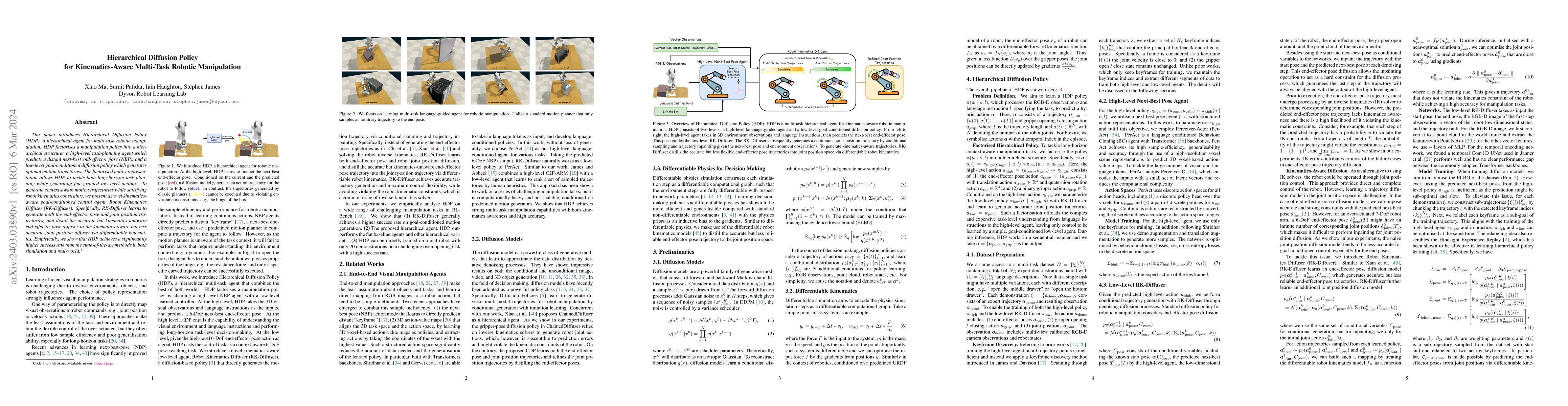 Thumbnail for Hierarchical Diffusion Policy for Kinematics-Aware Multi-Task Robotic
  Manipulation