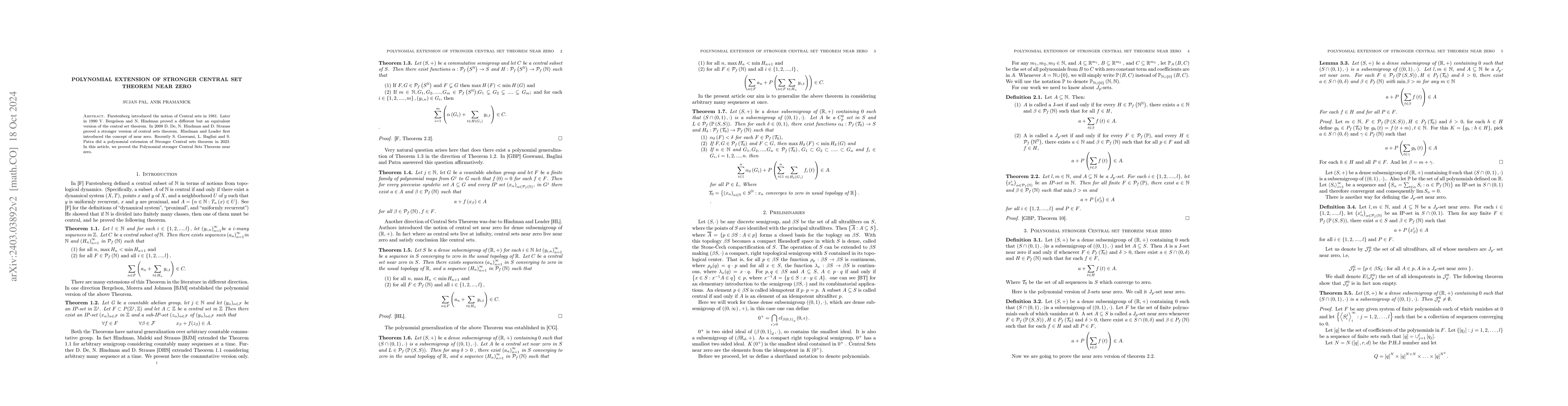 Thumbnail for Polynomial extension of stronger central set theorem near zero