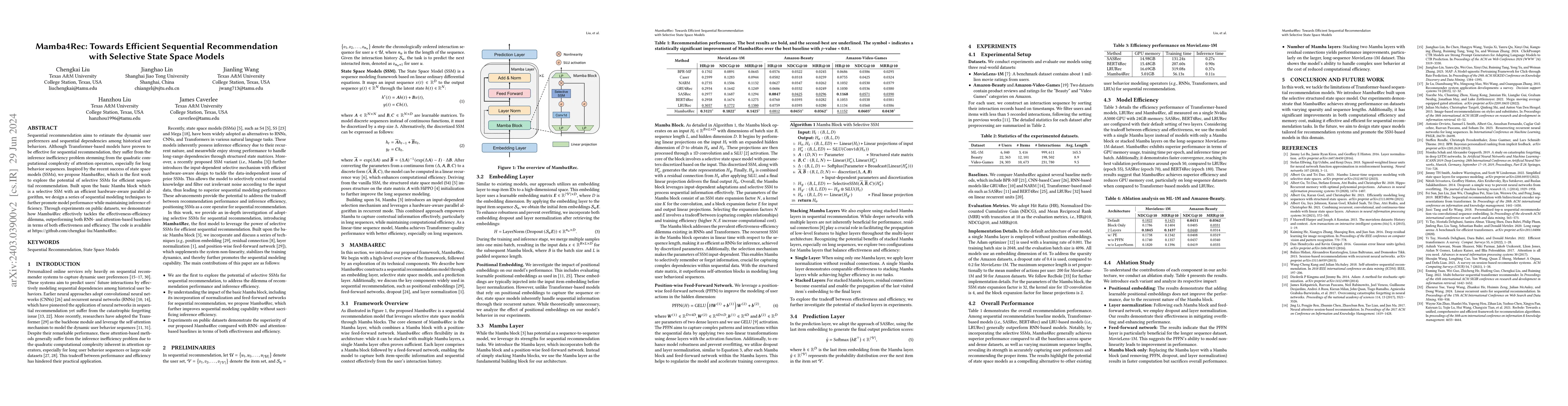 Thumbnail for Mamba4Rec: Towards Efficient Sequential Recommendation with Selective
  State Space Models