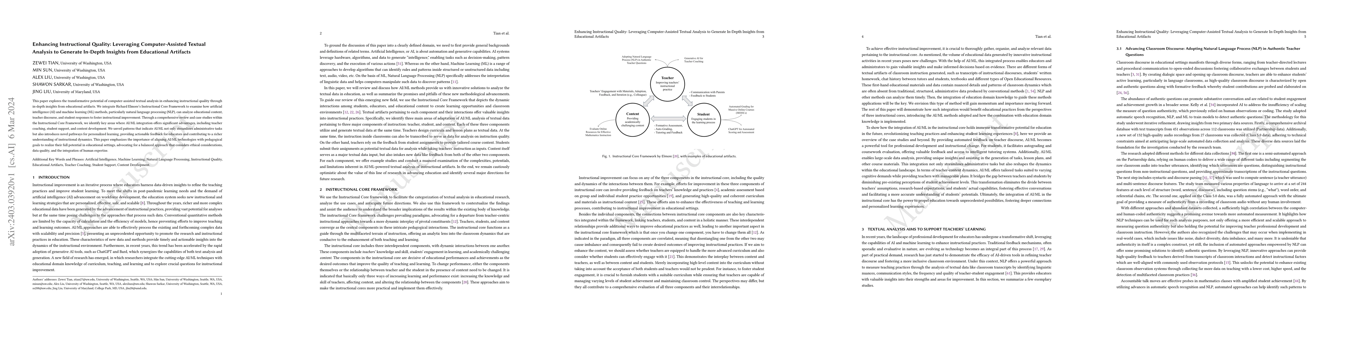Thumbnail for Enhancing Instructional Quality: Leveraging Computer-Assisted Textual
  Analysis to Generate In-Depth Insights from Educational Artifacts