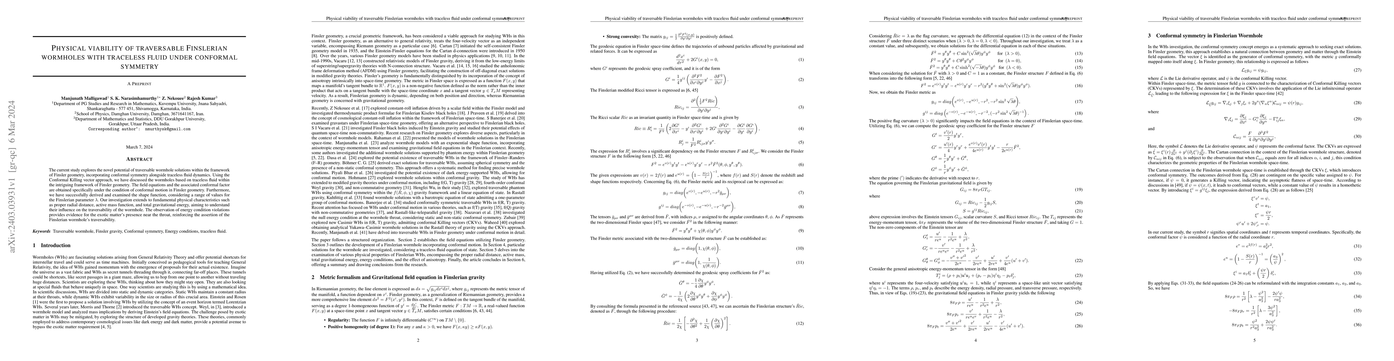 Thumbnail for Physical viability of traversable Finslerian wormholes with traceless
  fluid under conformal symmetry
