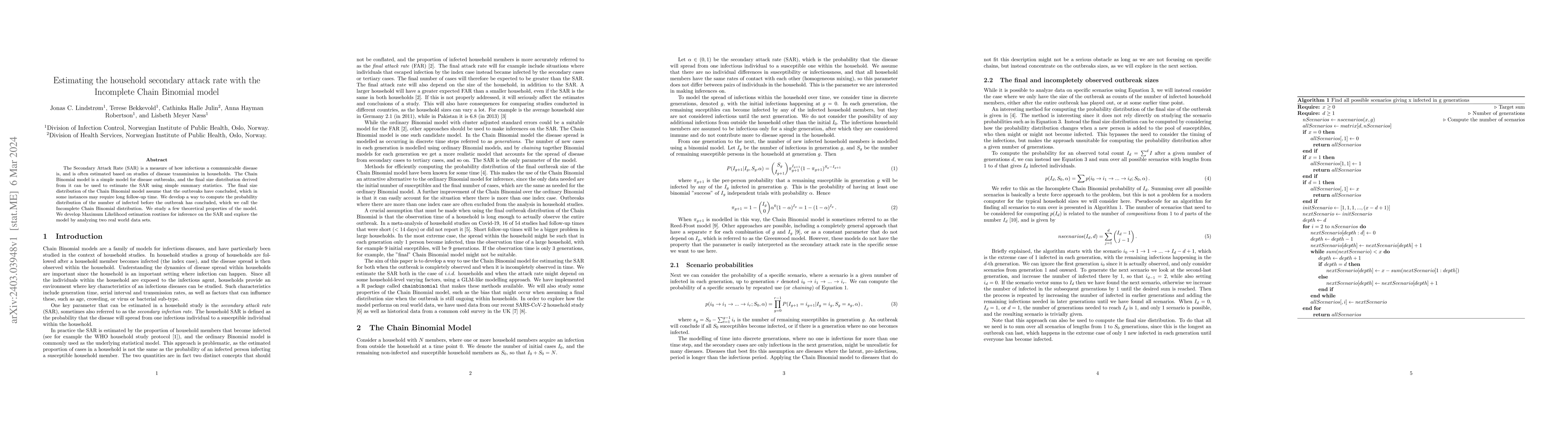 Thumbnail for Estimating the household secondary attack rate with the Incomplete Chain
  Binomial model