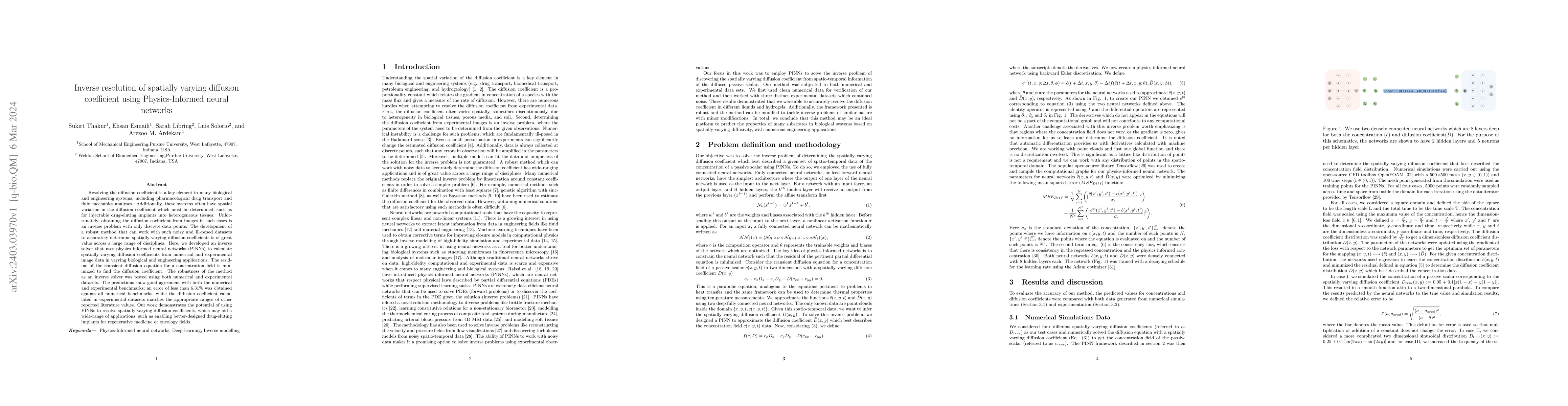 Thumbnail for Inverse resolution of spatially varying diffusion coefficient using
  Physics-Informed neural networks