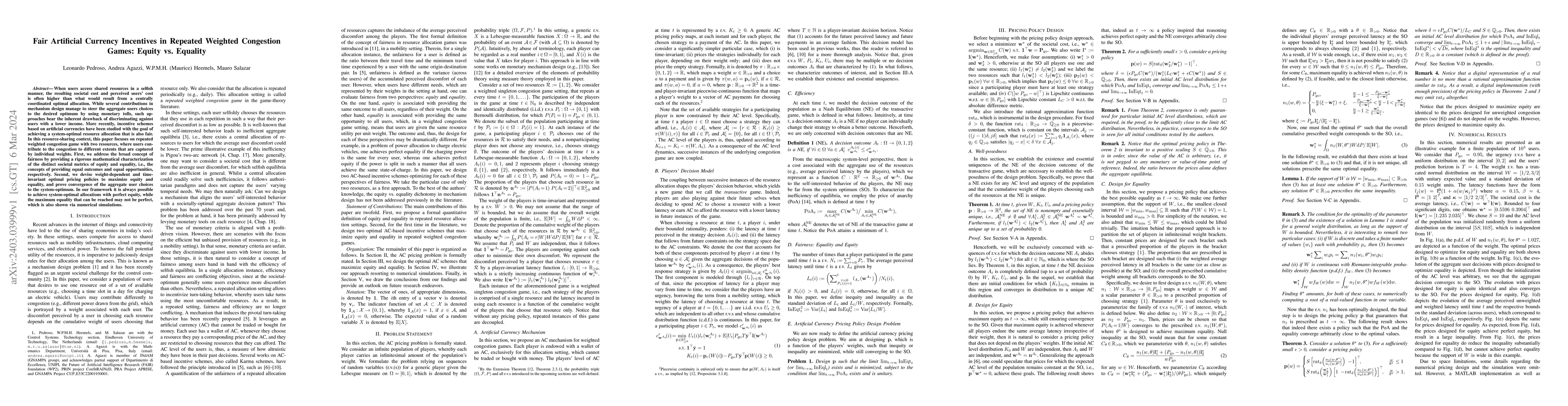 Thumbnail for Fair Artificial Currency Incentives in Repeated Weighted Congestion
  Games: Equity vs. Equality
