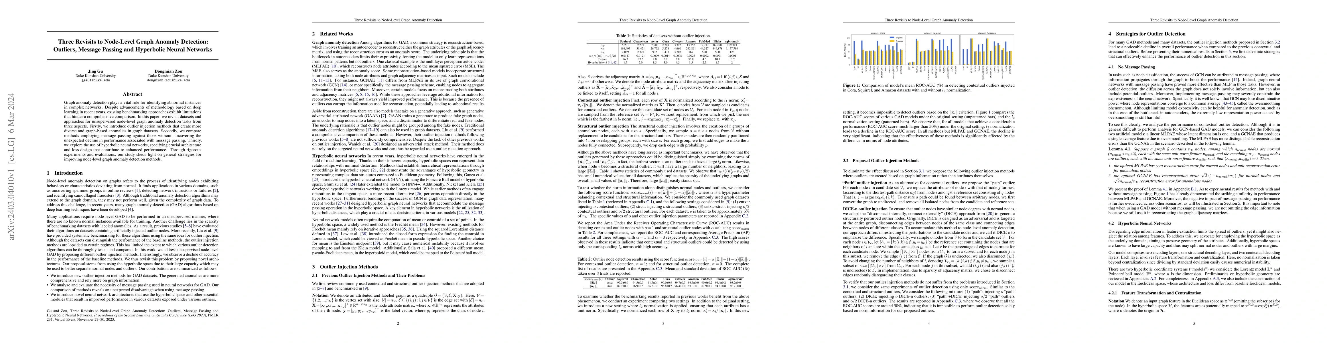 Thumbnail for Three Revisits to Node-Level Graph Anomaly Detection: Outliers, Message
  Passing and Hyperbolic Neural Networks