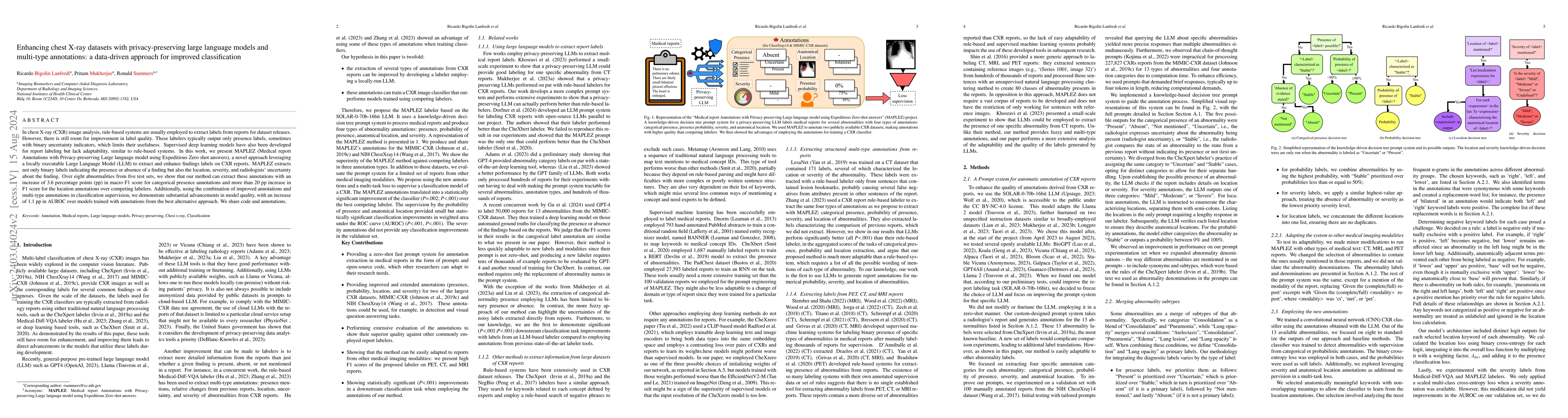 Thumbnail for Enhancing chest X-ray datasets with privacy-preserving large language
  models and multi-type annotations: a data-driven approach for improved
  classification