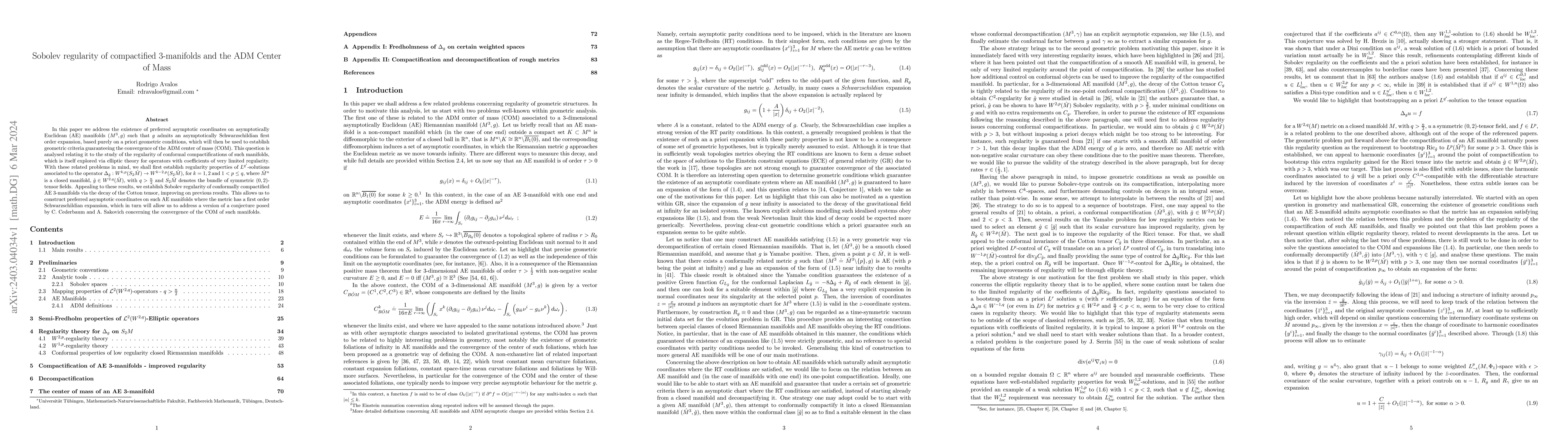 Thumbnail for Sobolev regularity of compactified 3-manifolds and the ADM Center of
  Mass