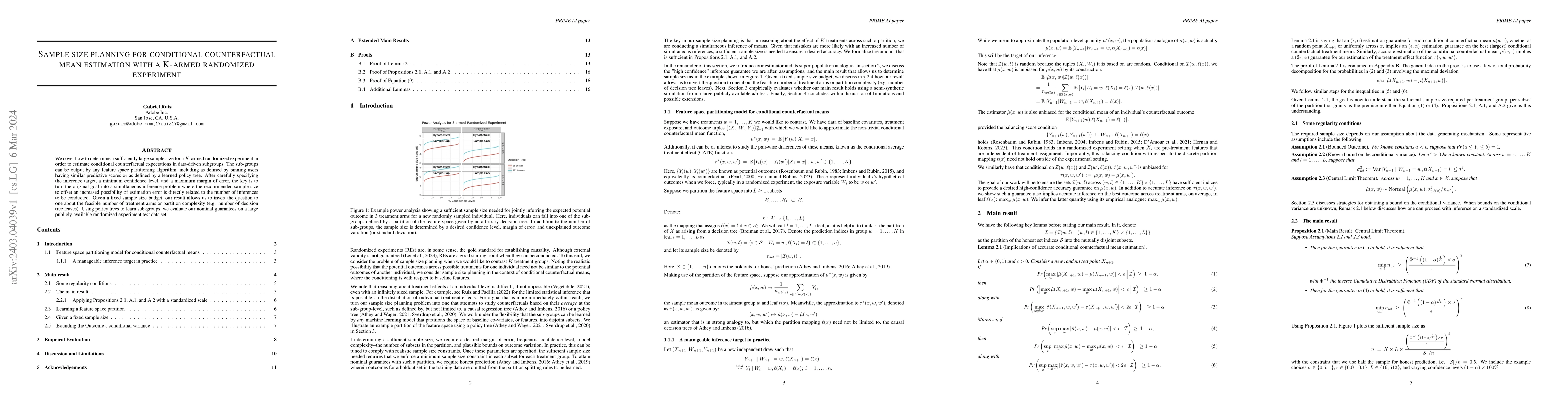 Thumbnail for Sample size planning for conditional counterfactual mean estimation with
  a K-armed randomized experiment