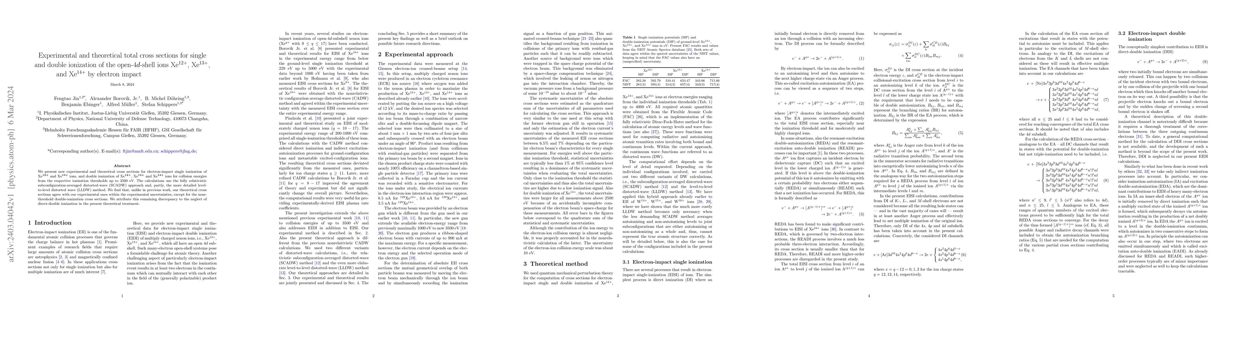 Thumbnail for Experimental and theoretical total cross sections for single and double
  ionization of the open-$4d$-shell ions Xe$^{12+}$, Xe$^{13+}$, and Xe$^{14+}$
  by electron impact