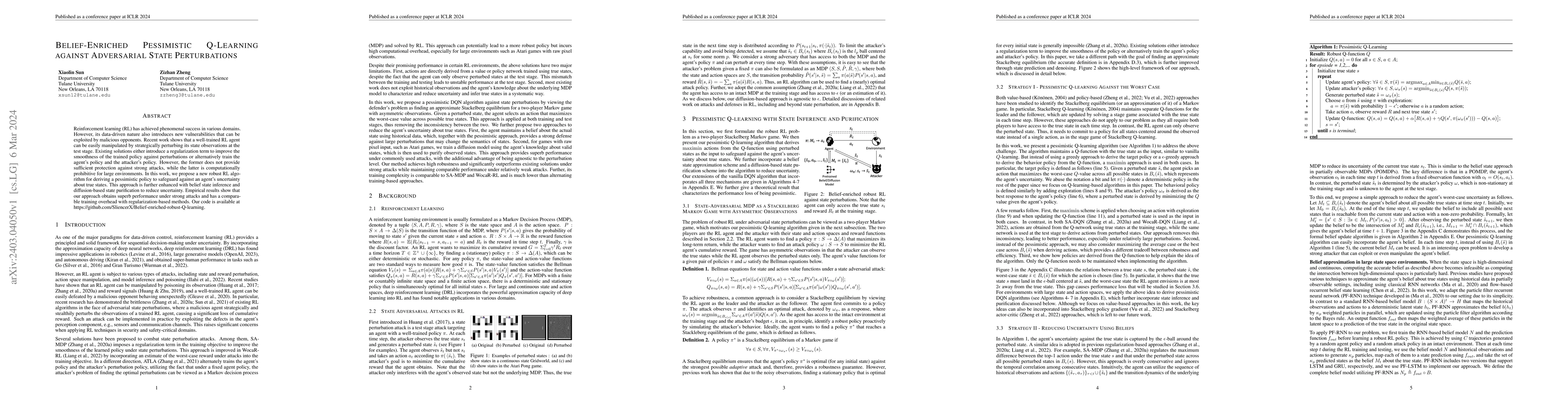Thumbnail for Belief-Enriched Pessimistic Q-Learning against Adversarial State
  Perturbations
