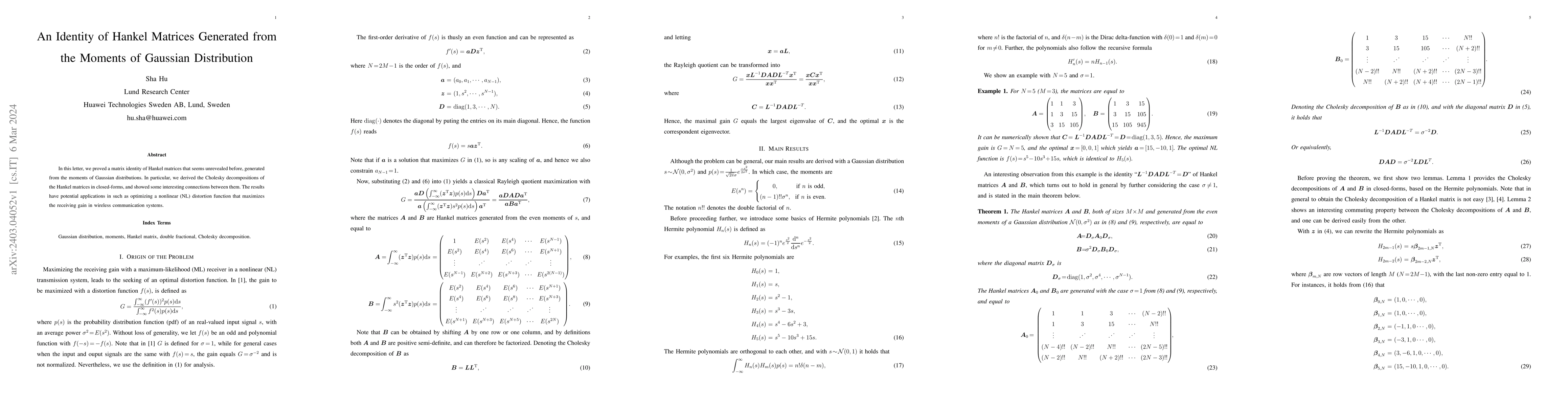 Thumbnail for An Identity of Hankel Matrices Generated from the Moments of Gaussian
  Distribution