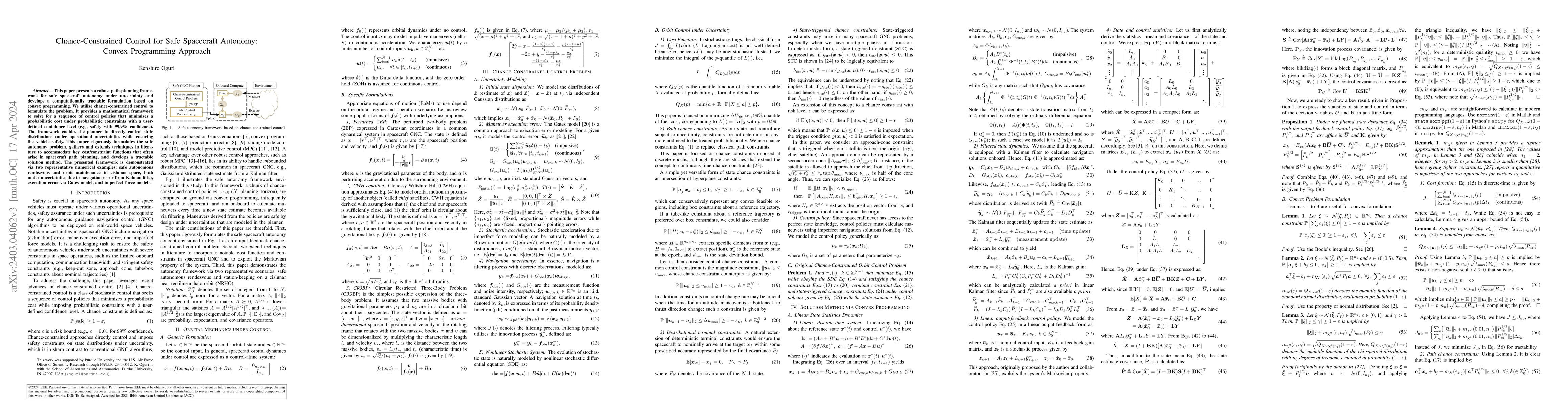 Thumbnail for Chance-Constrained Control for Safe Spacecraft Autonomy: Convex
  Programming Approach