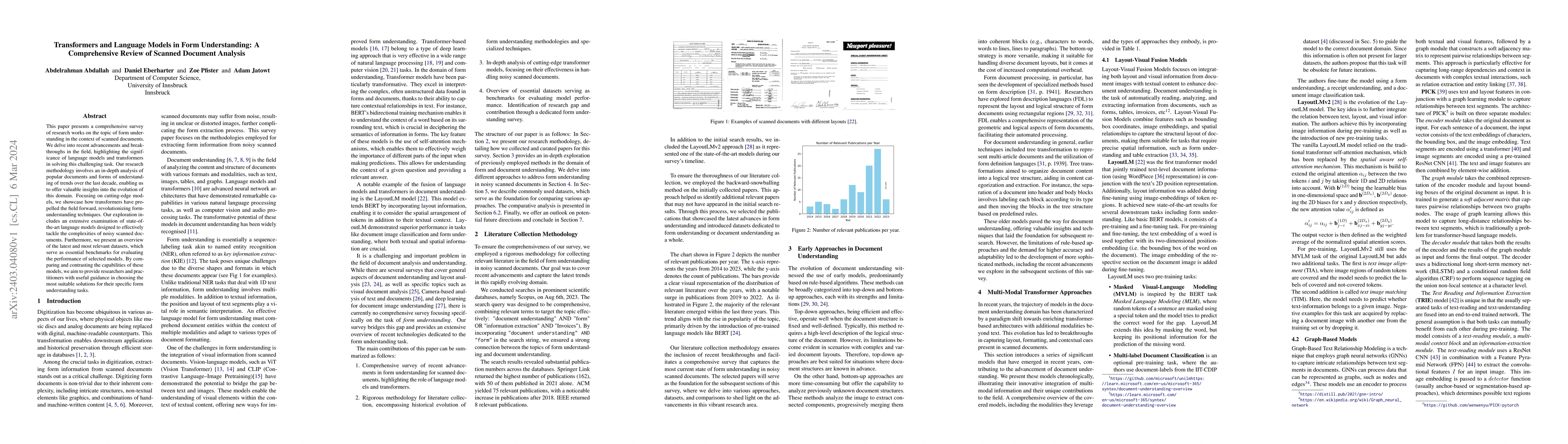 Thumbnail for Transformers and Language Models in Form Understanding: A Comprehensive
  Review of Scanned Document Analysis