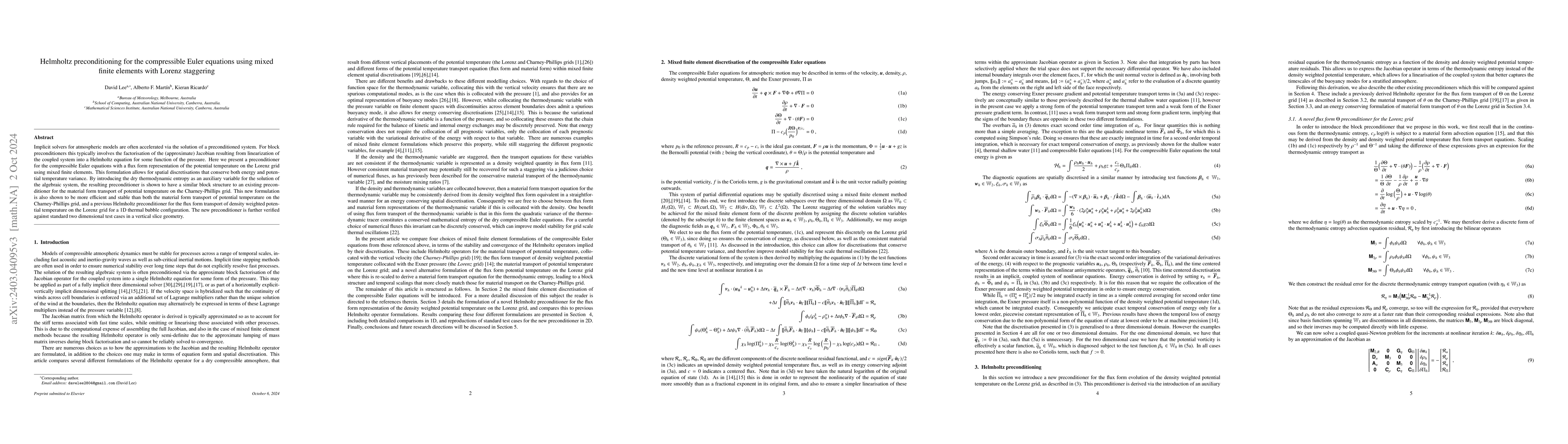 Thumbnail for Helmholtz preconditioning for the compressible Euler equations using
  mixed finite elements with Lorenz staggering