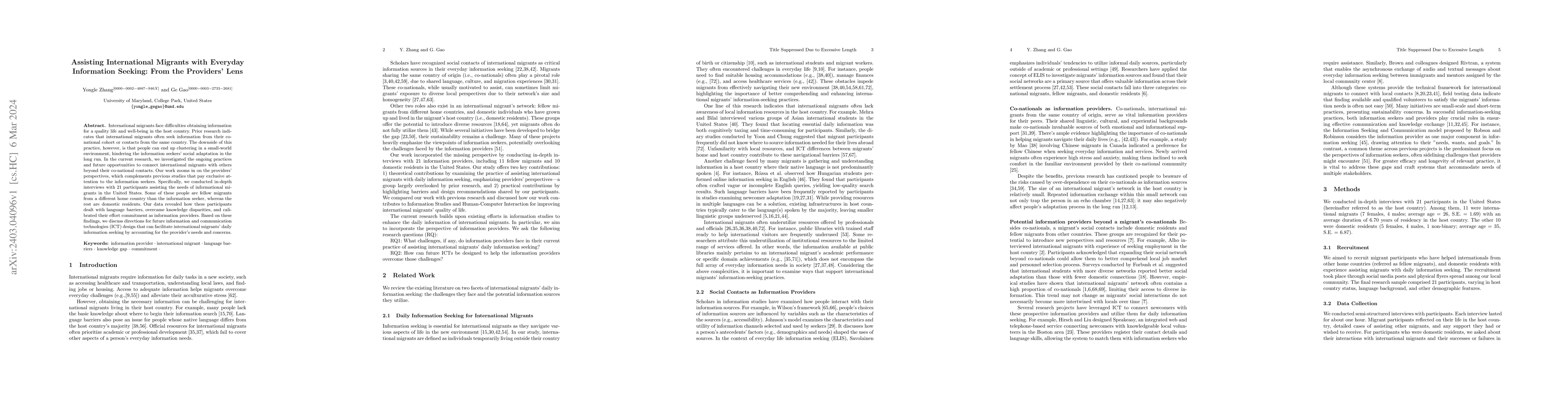 Thumbnail for Assisting International Migrants with Everyday Information Seeking: From
  the Providers' Lens